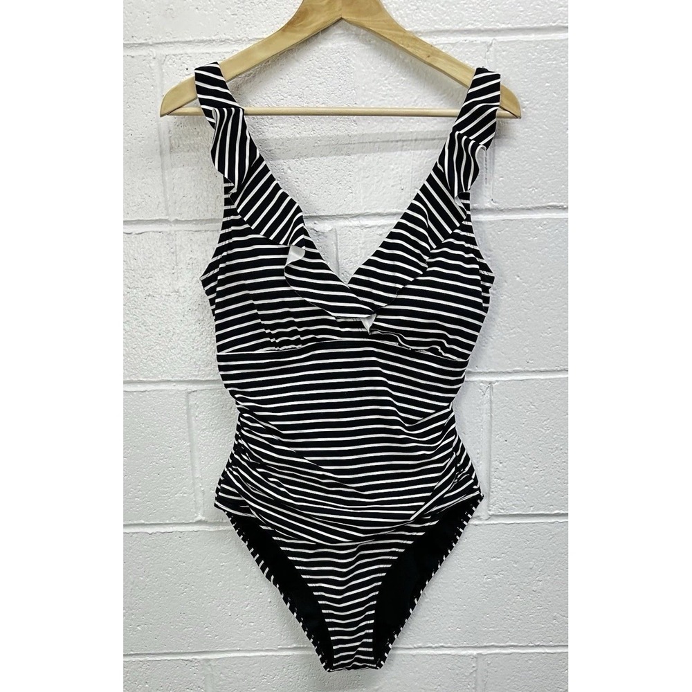 Lauren Ralph Lauren One Piece‎ Black Striped Ruffle Surplice / Womens 14